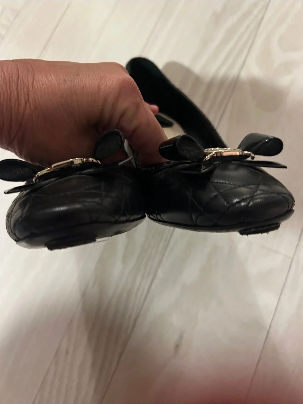 Dior Black Quilted Cannage leather heels.  Gold CD Bow